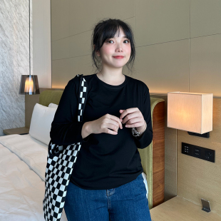 大码 胖妹妹内搭打底纯棉百搭黑色上衣 胖mm圆领T恤女2023秋冬新款