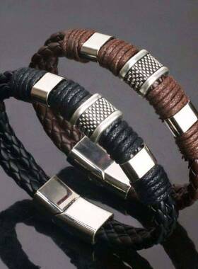 复古牛皮男士皮绳手链时尚个性磁铁扣韩版编织皮质手链gr