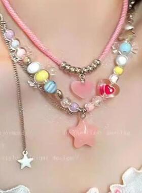 多巴胺粉色爱心双层叠戴项