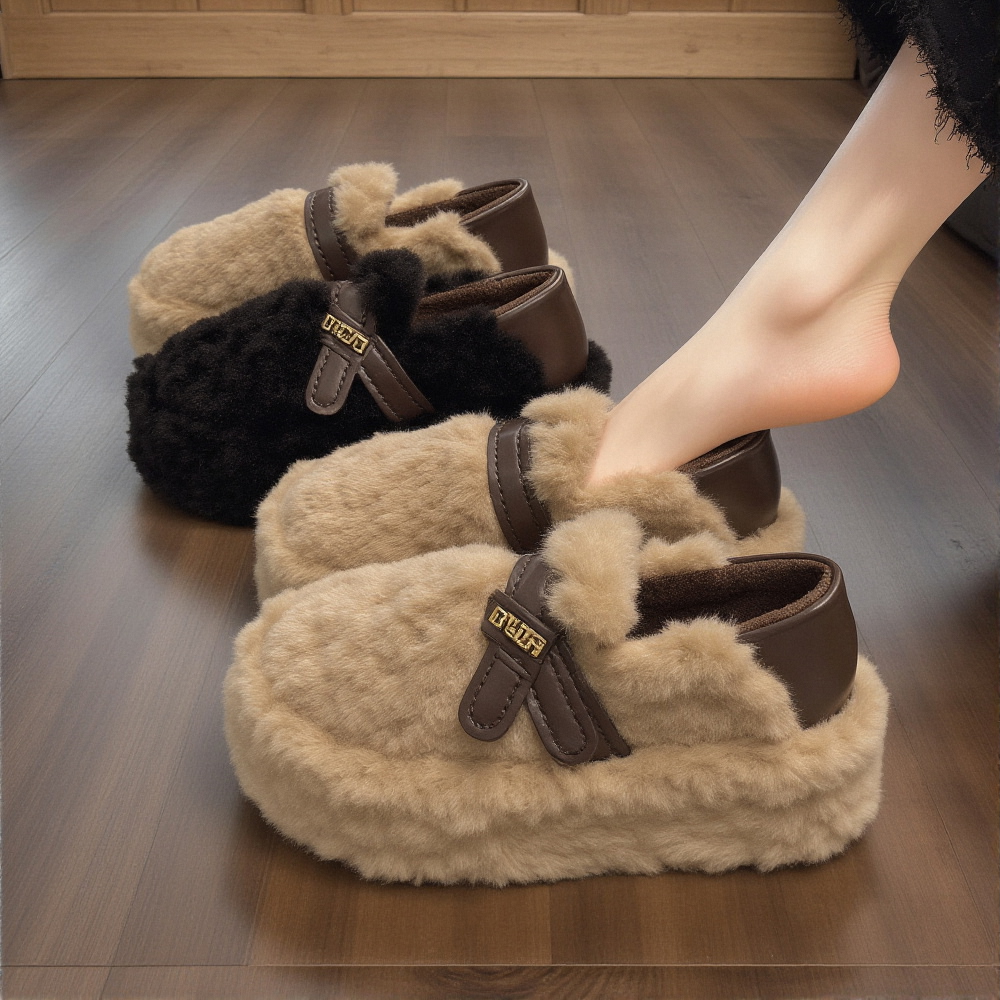 绒面厚底毛毛鞋女2025新款冬季增高皮带扣棕色加绒保暖软底棉鞋