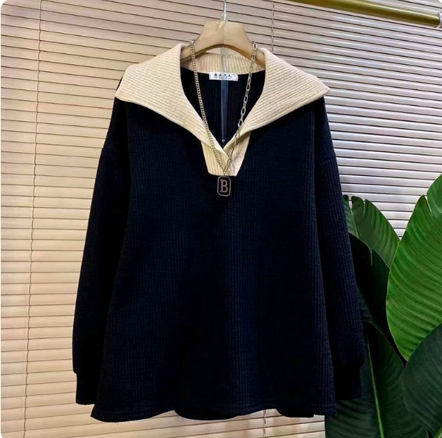 秋新款欧货时尚翻领撞色简约宽松遮肉女人衫大码女装胖mm休闲上衣