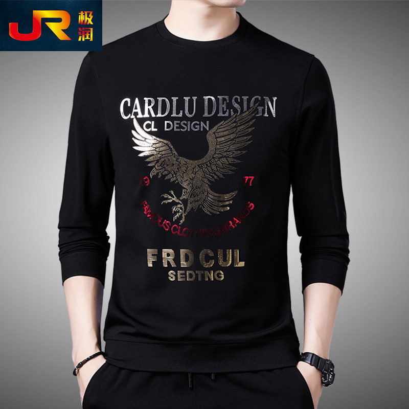 男士秋冬季加绒长袖T恤潮牌烫钻宽松圆领卫衣休闲上衣保暖打底衫