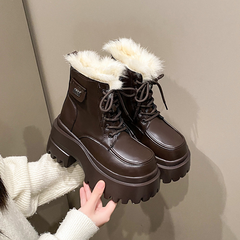 欧货毛毛短靴女冬新款棉鞋英伦风厚底增高加绒保暖系带瘦瘦马丁靴,女鞋,马丁靴,淘宝优惠券,粉丝福利购,淘宝优惠卷