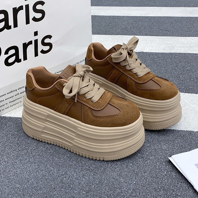 真皮厚底8cm老爹鞋女2025新款秋冬加绒小个子内增高休闲松糕板鞋