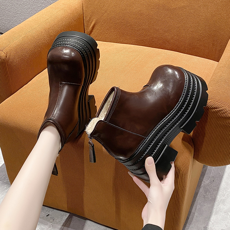 松糕厚底马丁靴女2025新款爆款百搭秋冬季加绒棉鞋增高小个子短靴