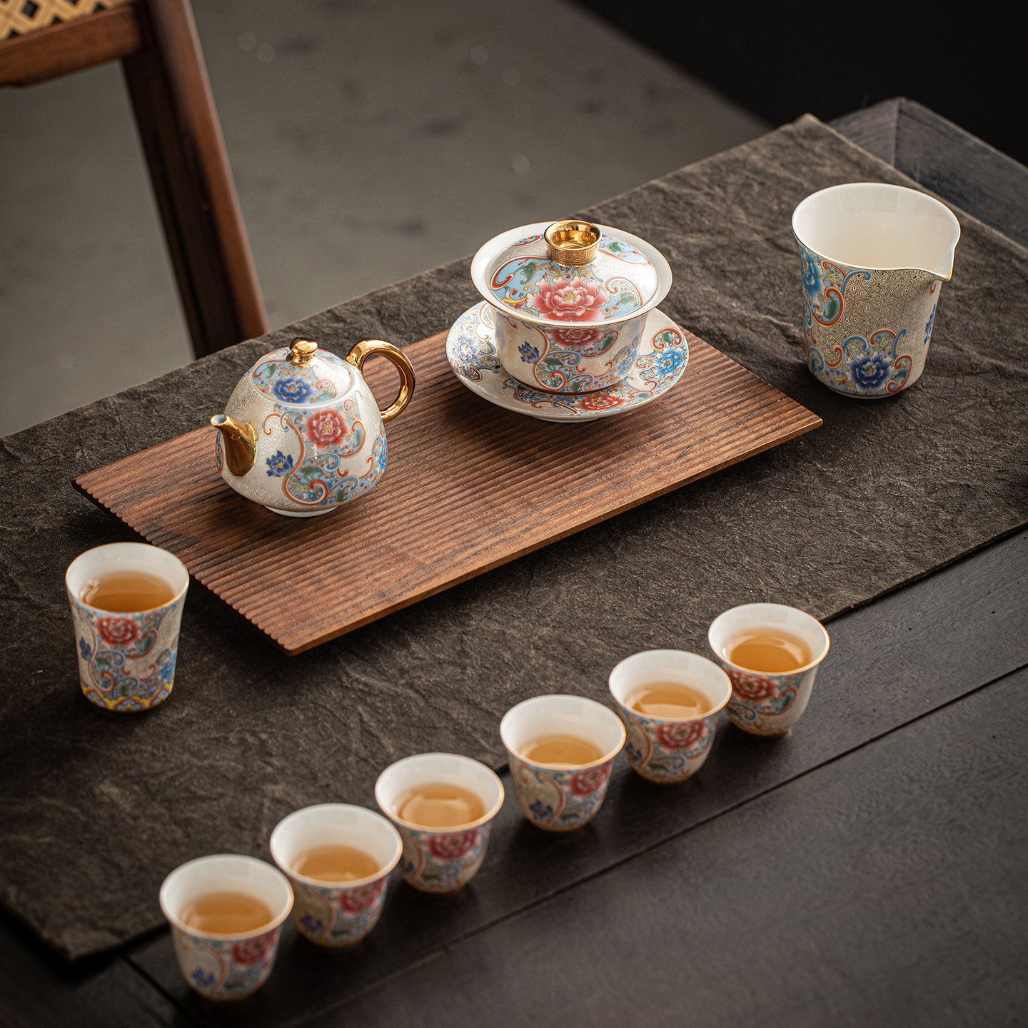 手工银掐丝茶壶陶瓷三才盖碗茶碗公道杯品杯精致功夫茶具礼盒套组