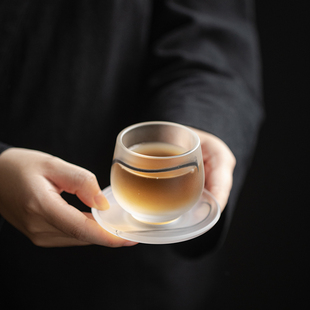 琉璃品茗杯主人杯水墨风带底托功夫茶盏单杯耐热防烫泡茶个人茶杯