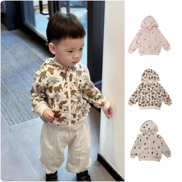 25秋冬上新北欧风婴幼儿童纯棉抓绒外套连帽男女宝宝拉链上衣卫衣