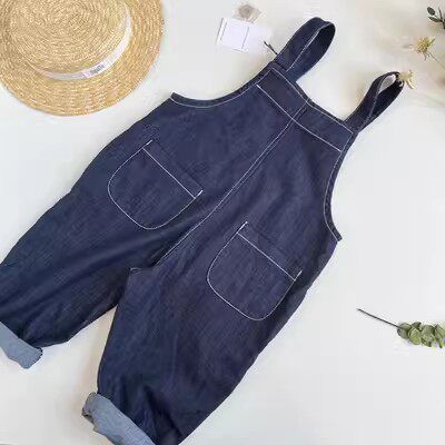 夏秋日系纯色简约宽松可爱潮范男女儿童宝宝背带裤纯棉牛仔长裤薄