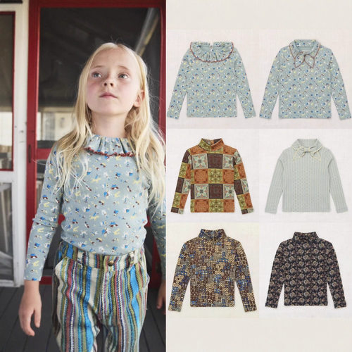 2025秋季mp同款男女童高端有机匹马棉复古印花领结＆高领长袖T恤