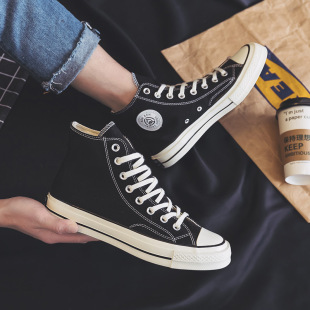 人本男鞋高帮黑色男士休闲上班工作鞋潮流百搭高邦帆布鞋春秋板鞋