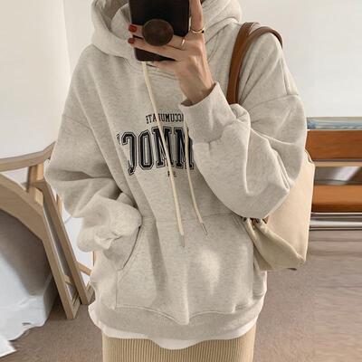 加绒连帽卫衣女秋冬新款宽松字母印花韩版时尚学生外套长袖上衣潮