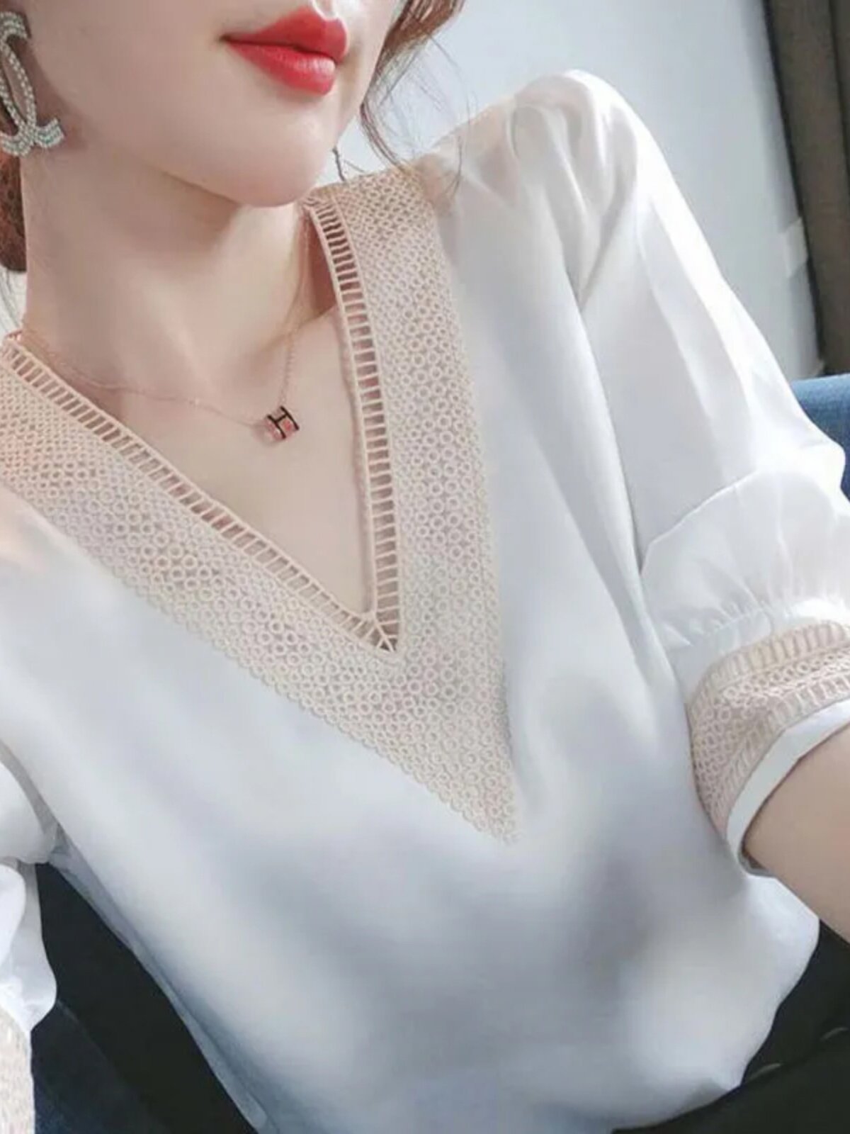CHIFFON SHIRT WOMENS SUMMER DRESS 2024 NEW FASHION SHIRT HIGH-END FOREIGN STYLE SHIRT PLUS SIZE SHORT SLEEVE V-NECK TOP