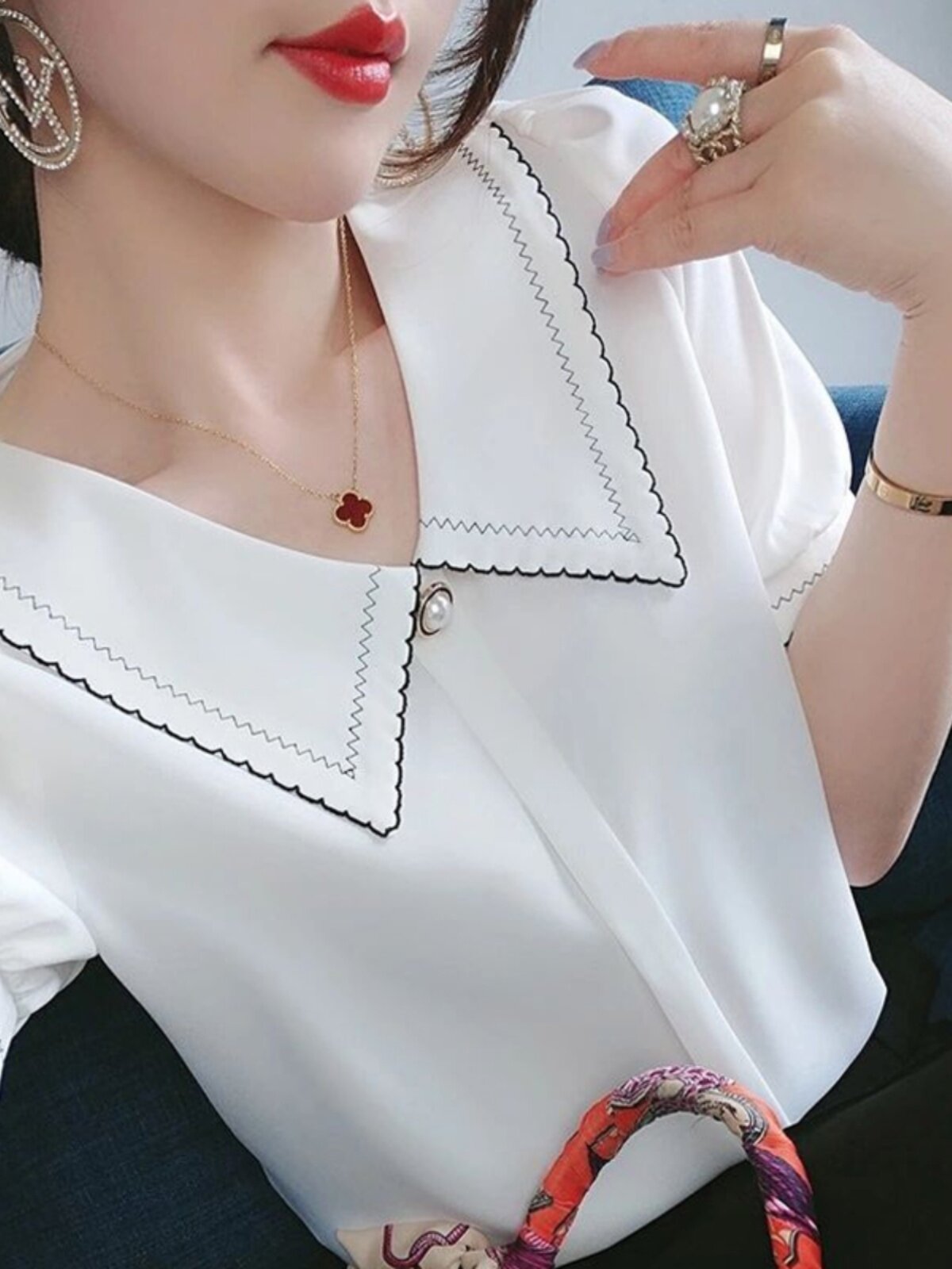 CHIFFON SHIRT WOMENS SUMMER DRESS 2024 NEW VERSATILE FASHION SHIRT SMALL SHIRT PLUS SIZE FAT MM DOLL COLLAR SHORT SLEEVE TOP