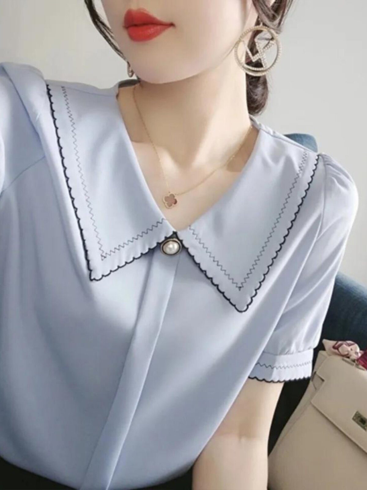 CHIFFON SHIRT WOMENS SUMMER DRESS 2024 NEW VERSATILE FASHION SHIRT SMALL SHIRT PLUS SIZE FAT MM DOLL COLLAR SHORT SLEEVE TOP