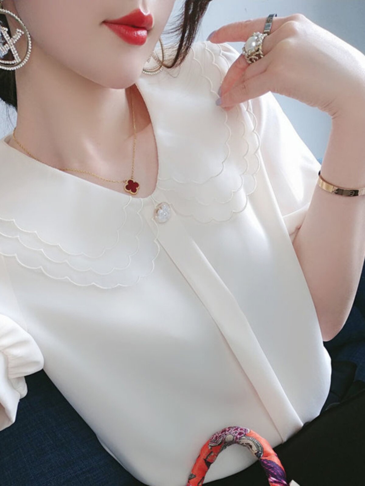 SHORT SLEEVE CHIFFON SHIRT WOMENS SUMMER DRESS 2024 NEW TEMPERAMENT FASHION SHIRT FOREIGN STYLE SMALL SHIRT DOLL COLLAR PLUS SIZE TOP