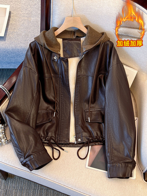 美拉德咖色连帽加绒皮衣女款2025新款爆款洋气巨好看的初冬厚外套