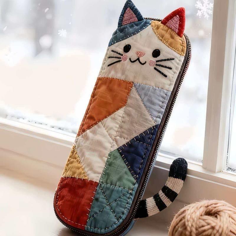 日系撞色拼布笔袋个性可爱卡通猫猫便携笔袋少女心便携收纳文具袋