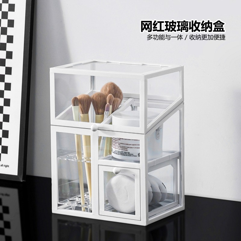 网红透明玻璃化妆刷收纳筒带盖防尘眉笔桌面口红化妆品收纳置物架