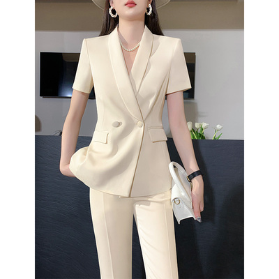 夏季薄款西装套装女米白色职业装