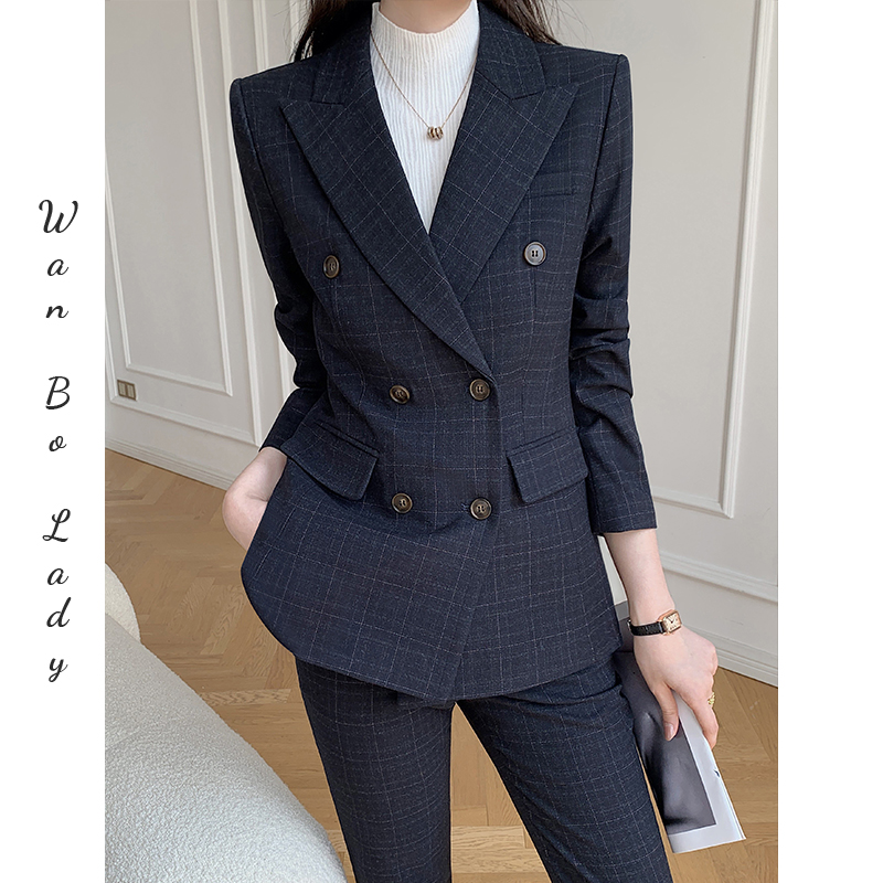 西装套装女2025新款春秋女装高端休闲韩版小个子格子毛呢西服外套