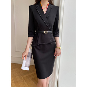 高级感西装连衣裙女夏新款修身大码荷叶边气质美容院工作服包臀裙