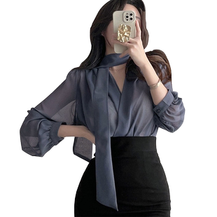 气质微透飘带雪纺衬衫女春夏显瘦轻熟御姐黑色女人味性感薄纱上衣