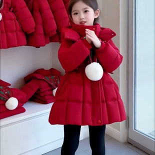 女童免洗棉服外套带帽收腰女孩洋气加厚加绒可机洗棉衣过年棉袄