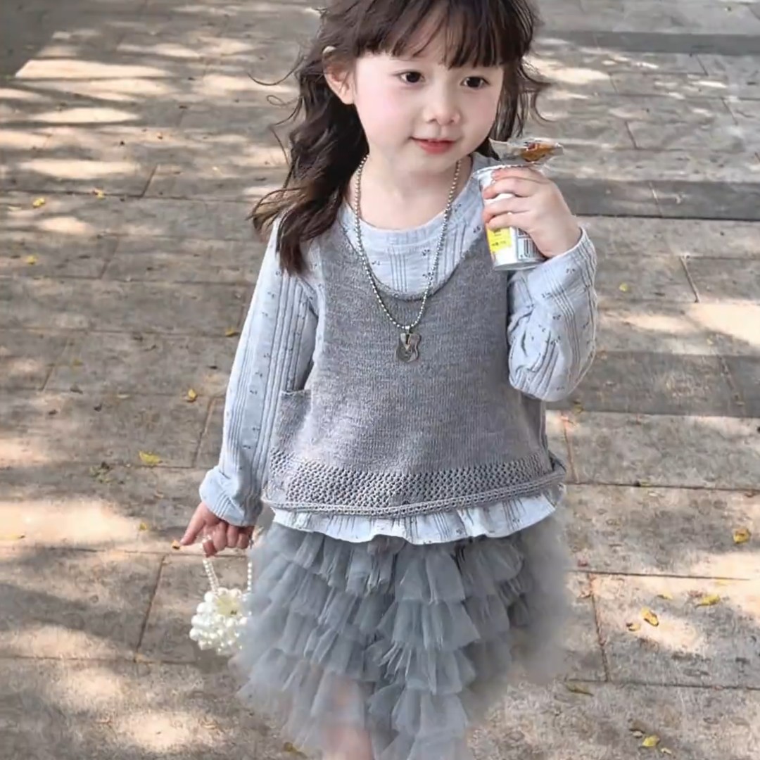 韩版童装26春季女童洋气甜美背心长袖T恤仙女蛋糕纱裙裙子套装