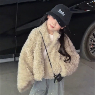 童装女童毛绒绒上衣冬季韩版时尚儿童立领短版加绒毛毛外套中大童