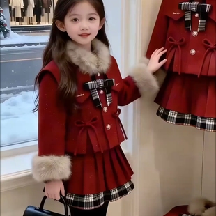 女童国风本命年红色套装小香风外套假两件百褶群套装2025新款冬装