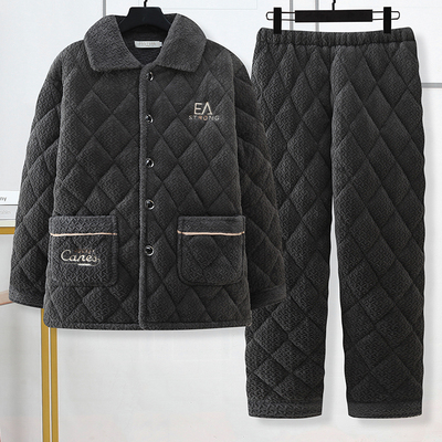 秋冬季男士睡衣珊瑚绒三层夹棉