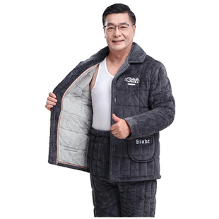 男士睡衣秋冬季三层加厚加绒珊瑚绒夹棉保暖中老年爸爸家居服套装