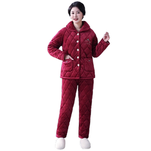 睡衣女秋冬季珊瑚绒三层夹棉加厚加绒中老年法兰绒妈妈家居服套装