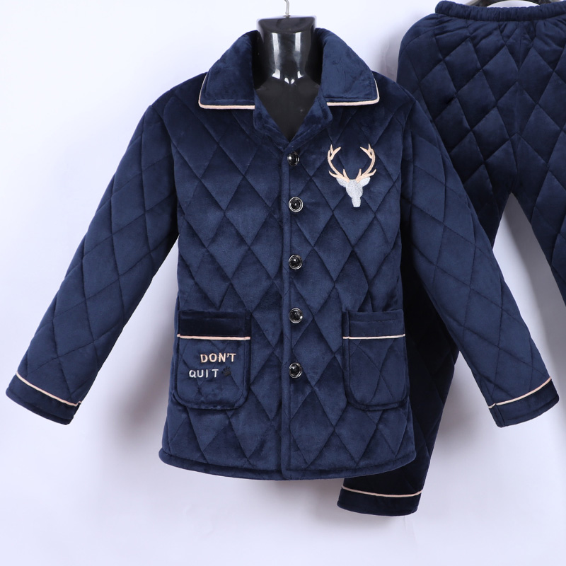 睡衣男士秋冬季三层加厚加绒珊瑚绒夹棉保暖中老年爸爸家居服套装