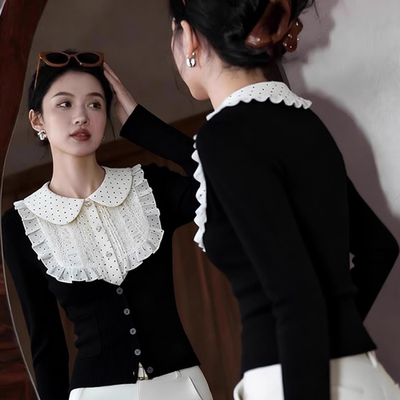 法式复古轻奢两件套娃娃领打底衫女内搭设计感秋冬修身长袖上衣