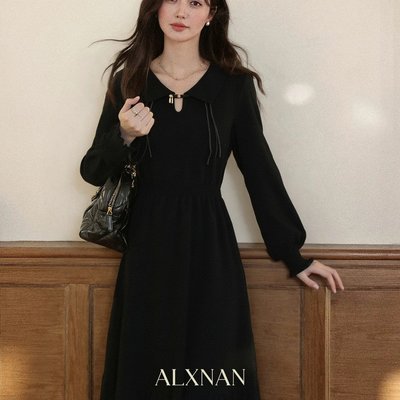 缦缦未央新中式改良国风长袖连衣裙秋季黑色针织长裙子