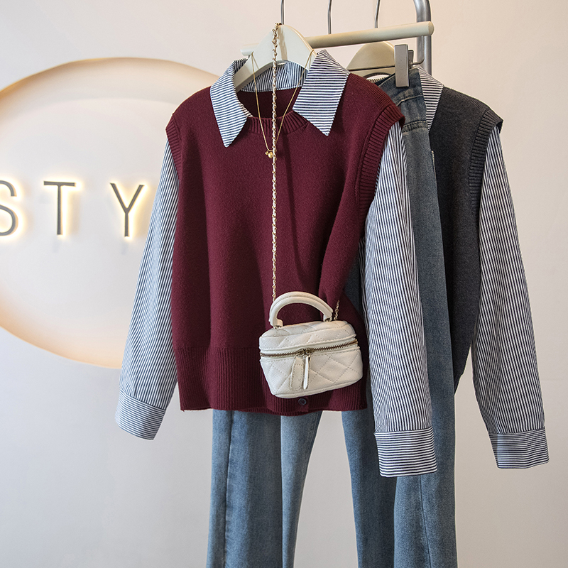 实拍大码女装新款韩系时尚拼接假两件毛衣显瘦百搭条纹洋气上衣