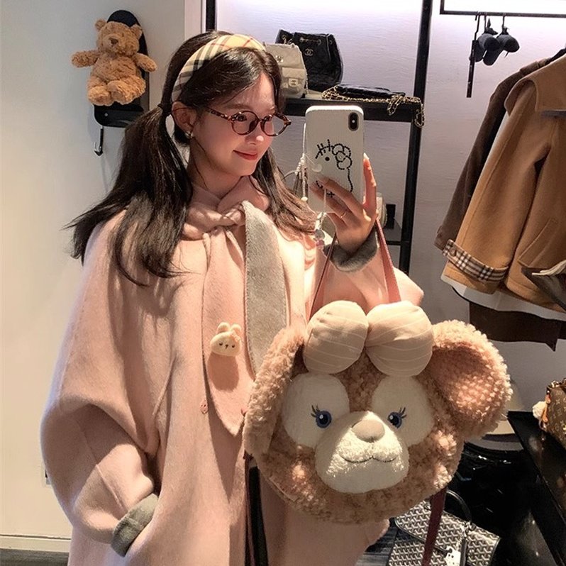 兔耳朵粉色连帽毛呢外套女秋冬高级感甜美气质小个子双面呢子大衣