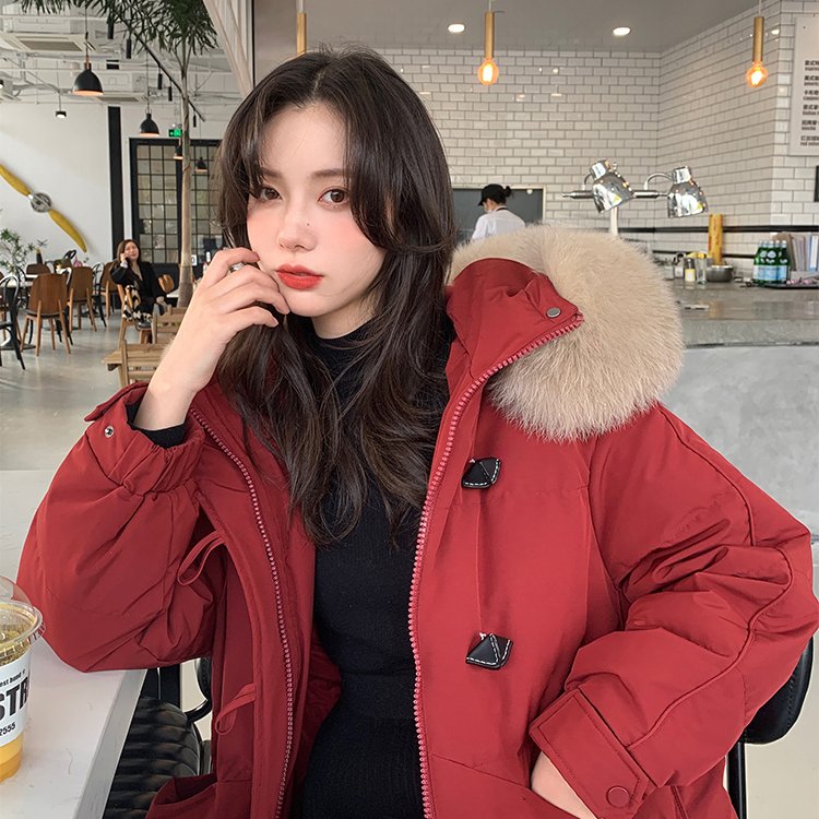 韩版大毛领羽绒服女装中长款冬季新款过膝棉服外套oversize棉衣潮