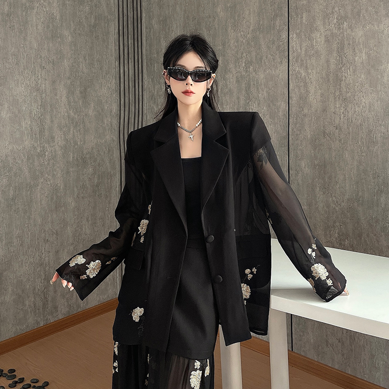 实拍实价 烫金玫瑰高定亮片西装外套女夏季薄款网纱拼接防晒西服