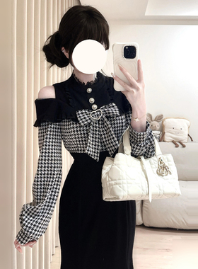 法式富家千金高级感黑色连衣裙子女秋冬2025新款修身收腰包臀长裙