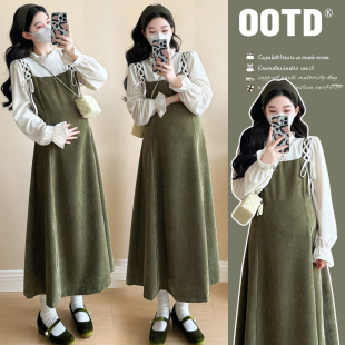 绿光森林秋冬法式 连衣裙绿色长裙子 复古假两件木耳边领孕妇装