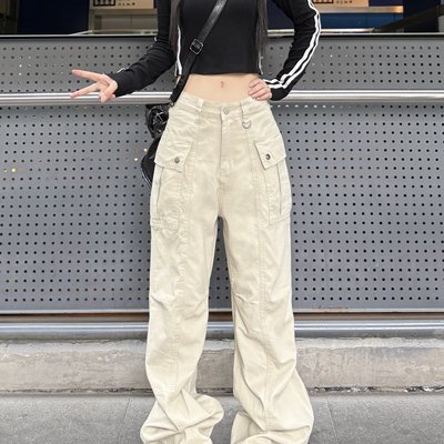美式复古设计感双口袋褶皱工装裤女宽松高街vibe直筒休闲牛仔裤