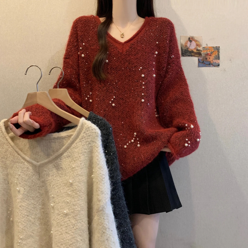 圣诞过年红色重工订珠亮片V领卷边高级感宽松大码显瘦减龄毛衣女