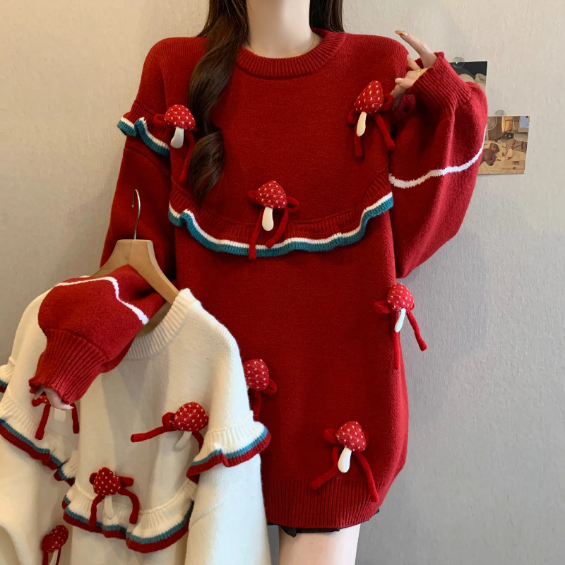 圣诞氛围感新年红立体蘑菇毛衣女冬新款胖MM复古减龄显瘦上衣女