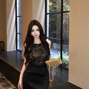实拍实价新中式 气质名媛设计感黑色连衣裙蕾丝拼接包臀短裙 短款