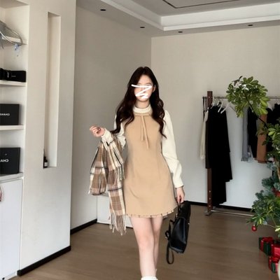 小香高级感假两件娃娃领打底连衣裙子女秋冬配大衣内搭短裙小个子