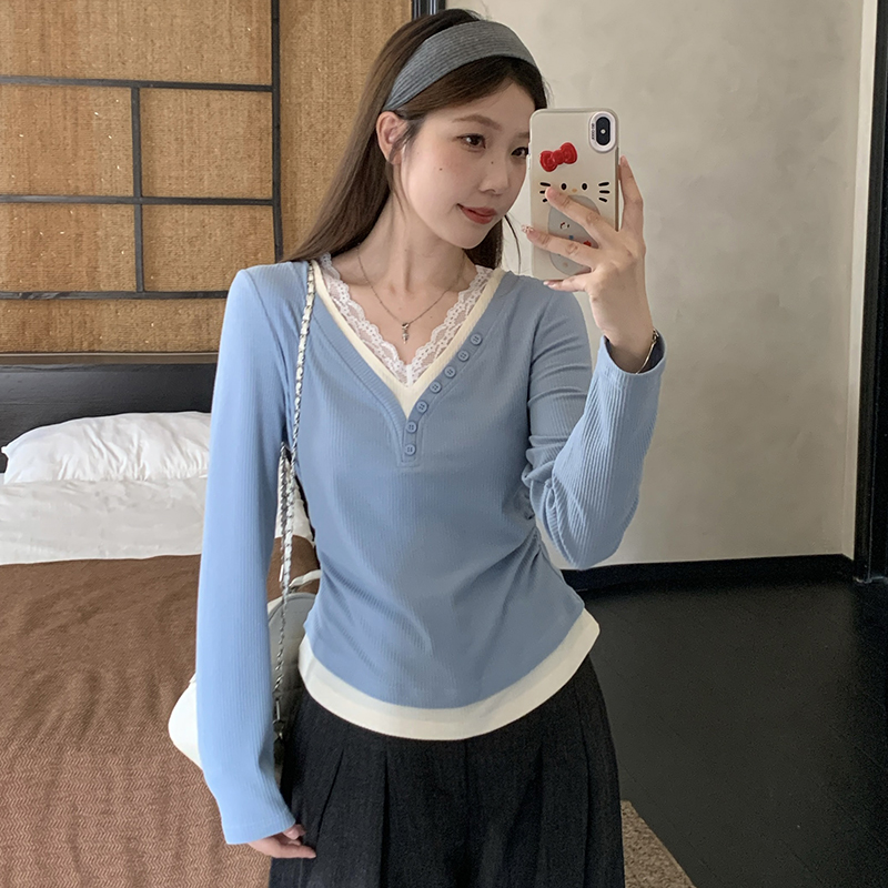 实拍大码气质设计感蕾丝拼接V领针织衫假两件T恤打底衫上衣