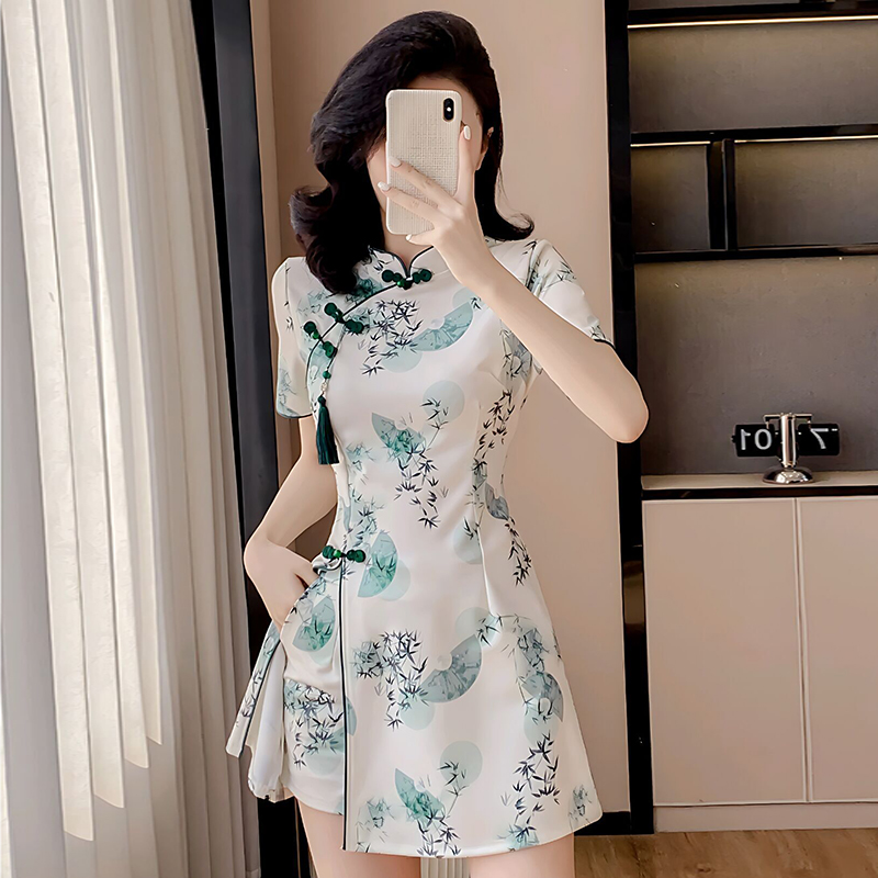 实拍夏季新款改良旗袍新中式流苏连衣裙短裤两件套